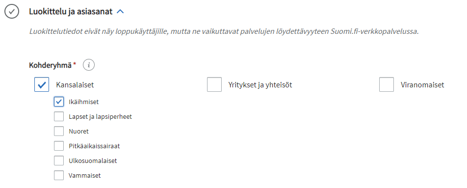 PTV käyttöliittymä: palvelun tiedot, kohderyhmä