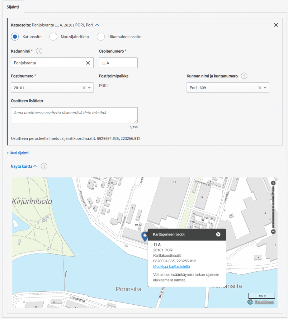 PTV käyttöliittymä: organisaatio, sijainti