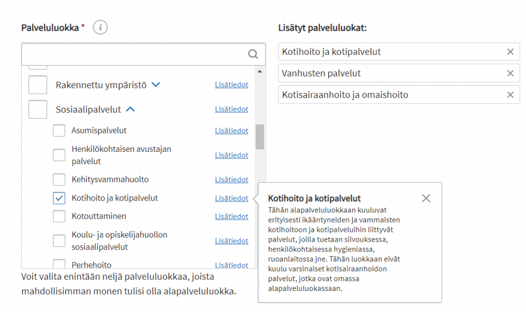 PTV:n käyttöliittymä: palvelut, palveluluokka